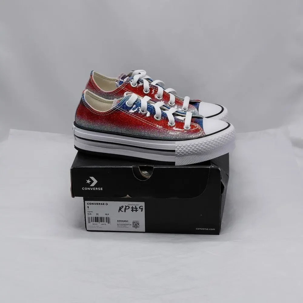 Converse All Star Girls Sneakers Size 1 Red Blue Glitter Low Top Back to School